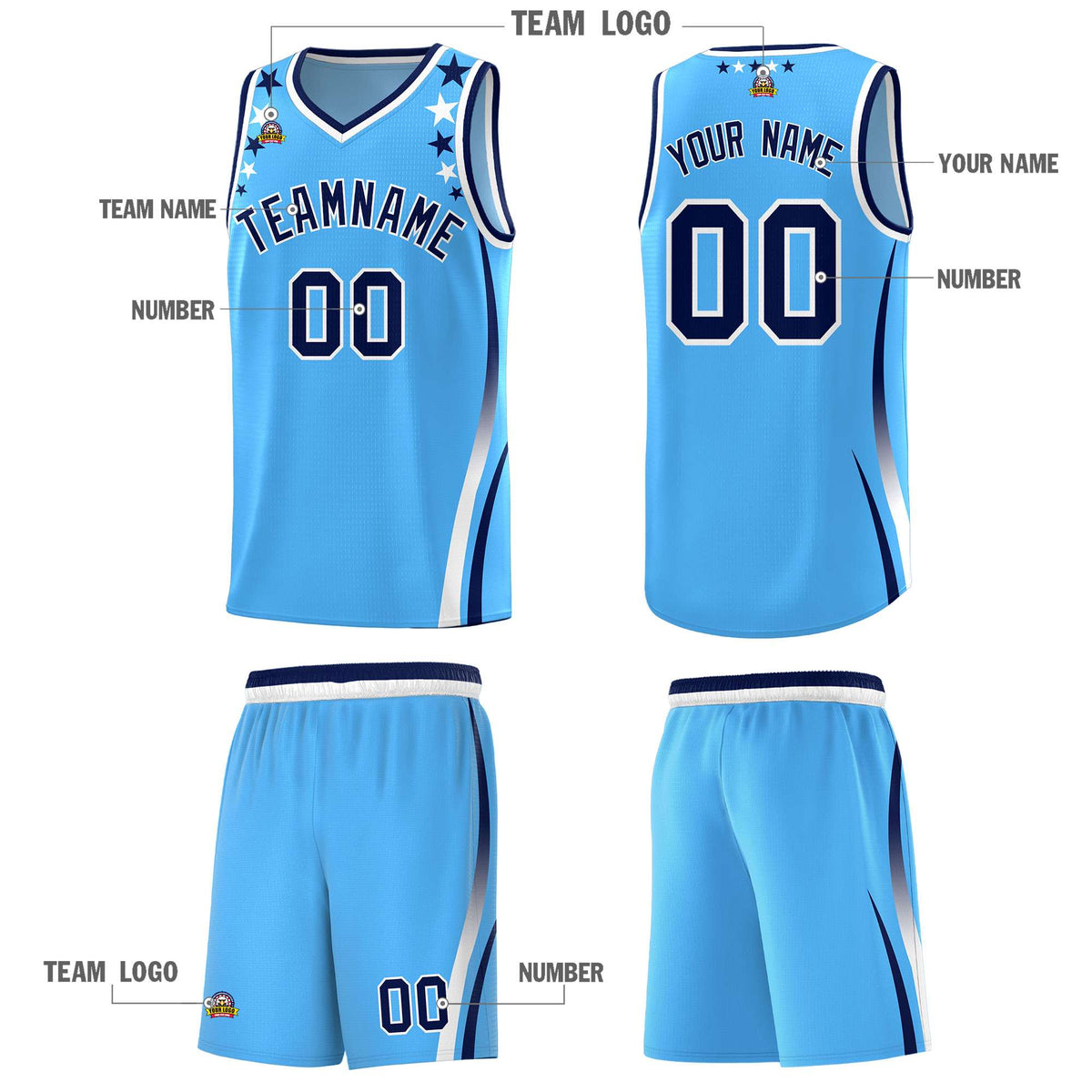 Custom Light Blue Shoulders Star Pattern Side Color Block Sports Uniform Basketball Jersey|KXKSHOP