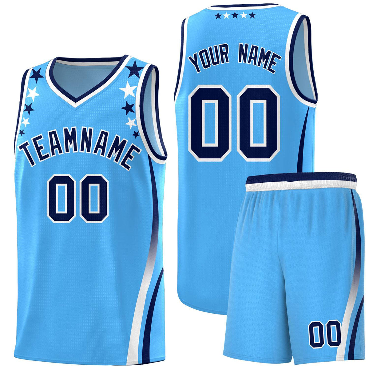 Custom Light Blue Shoulders Star Pattern Side Color Block Sports Uniform Basketball Jersey|KXKSHOP