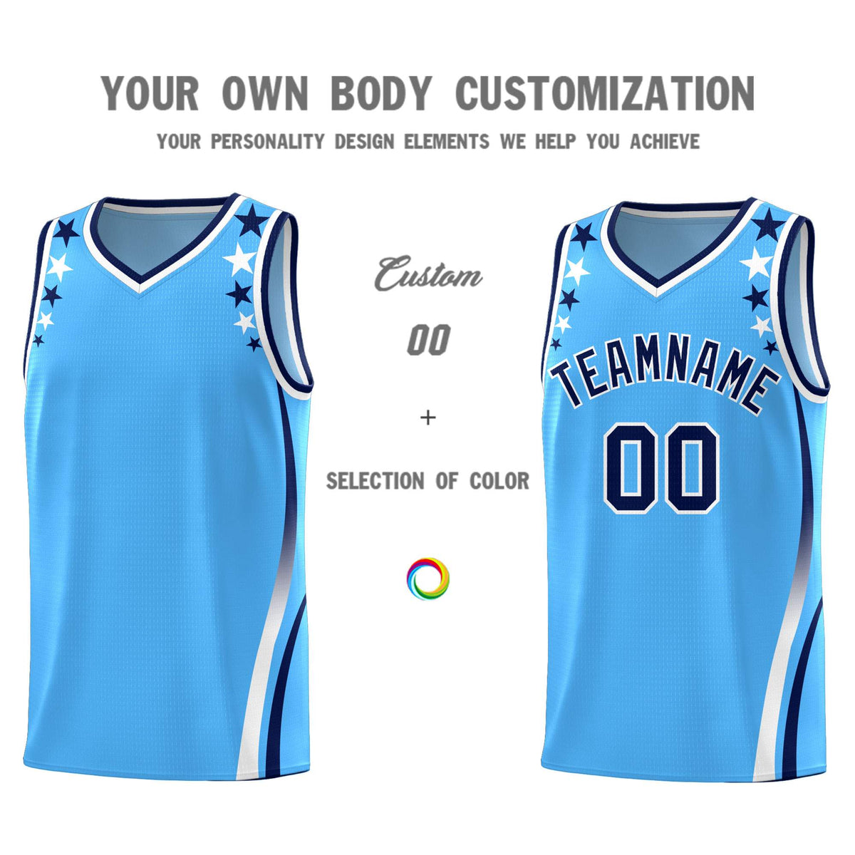 Custom Light Blue Shoulders Star Pattern Side Color Block Sports Uniform Basketball Jersey|KXKSHOP