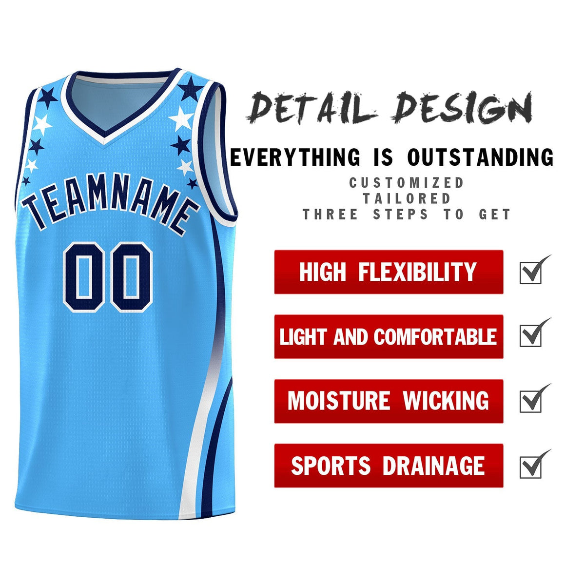 Custom Light Blue Shoulders Star Pattern Side Color Block Sports Uniform Basketball Jersey|KXKSHOP