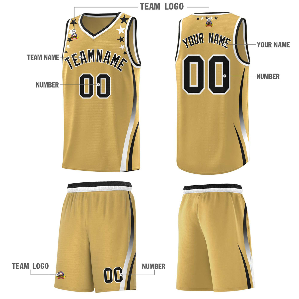 Custom Old Gold Shoulders Star Pattern Side Color Block Sports Uniform Basketball Jersey|KXKSHOP
