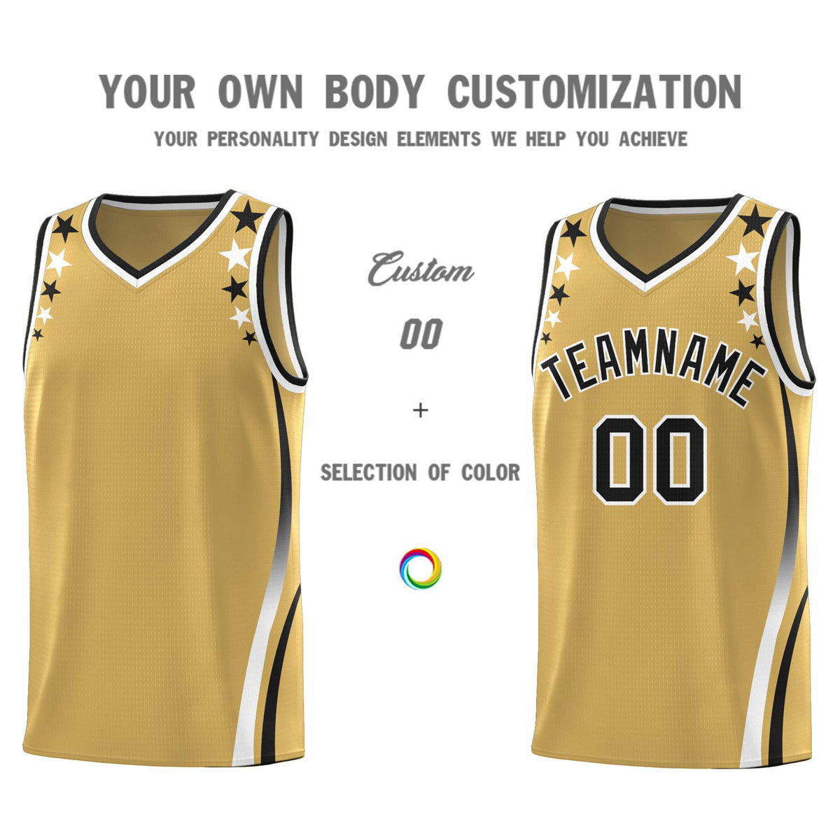Custom Old Gold Shoulders Star Pattern Side Color Block Sports Uniform Basketball Jersey|KXKSHOP