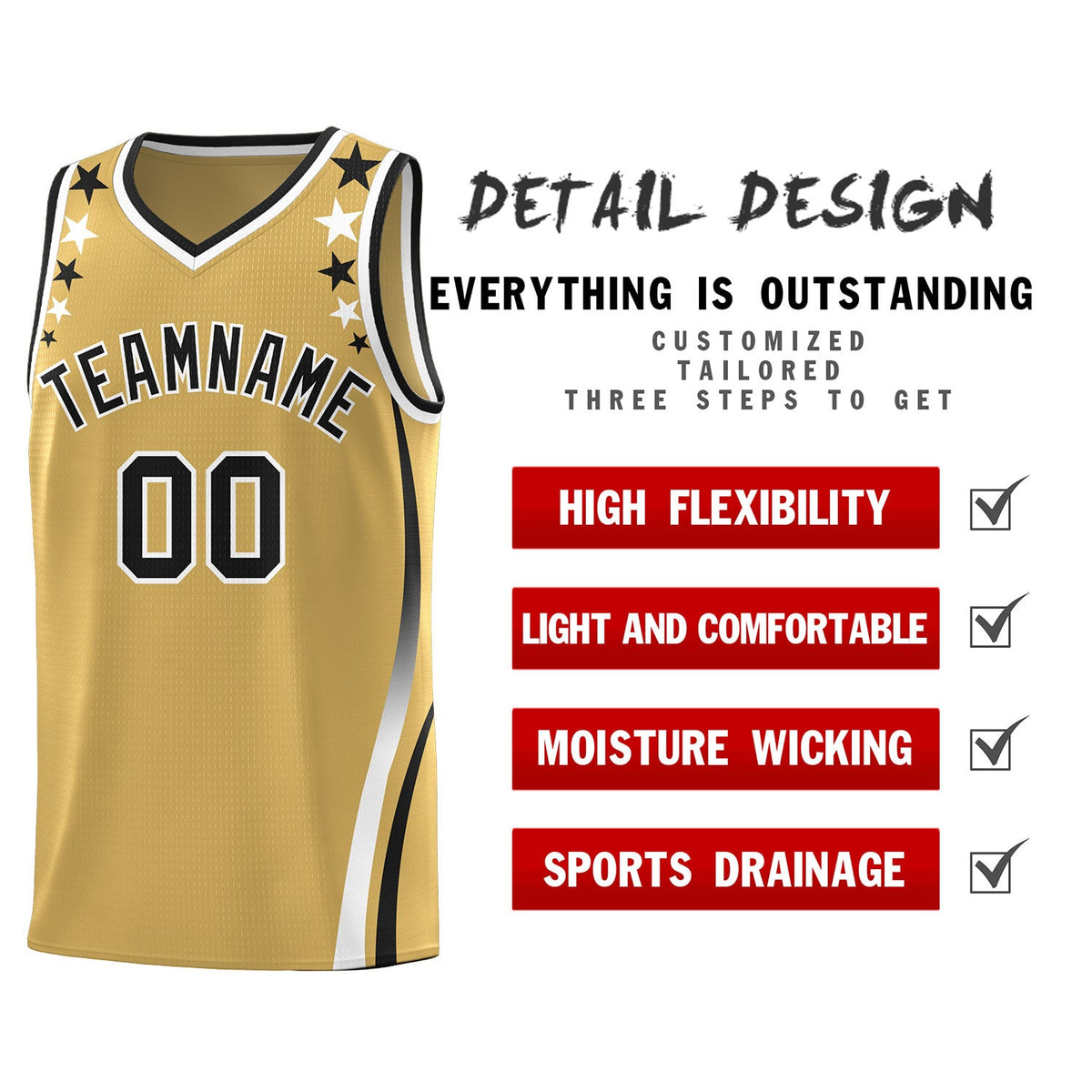 Custom Old Gold Shoulders Star Pattern Side Color Block Sports Uniform Basketball Jersey|KXKSHOP