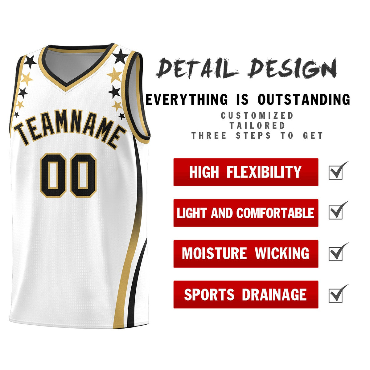 Custom White Shoulders Star Pattern Side Color Block Sports Uniform Basketball Jersey|KXKSHOP