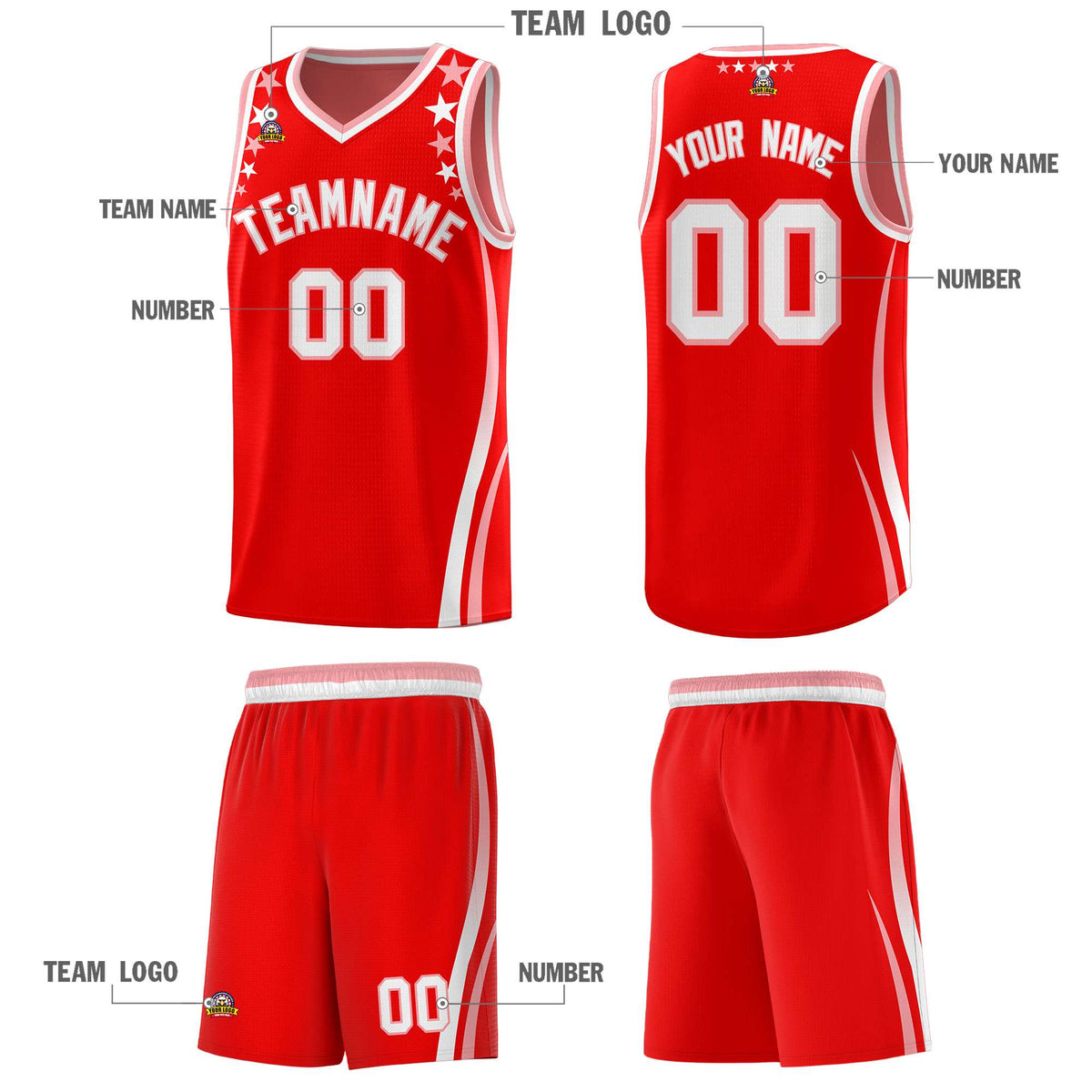 Custom Red Shoulders Star Pattern Side Color Block Sports Uniform Basketball Jersey|KXKSHOP