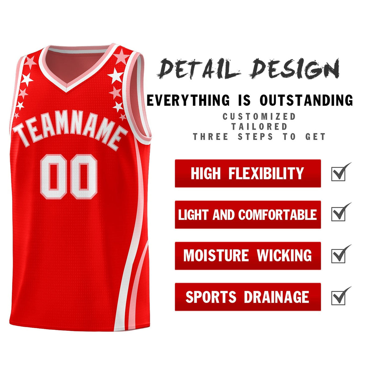Custom Red Shoulders Star Pattern Side Color Block Sports Uniform Basketball Jersey|KXKSHOP