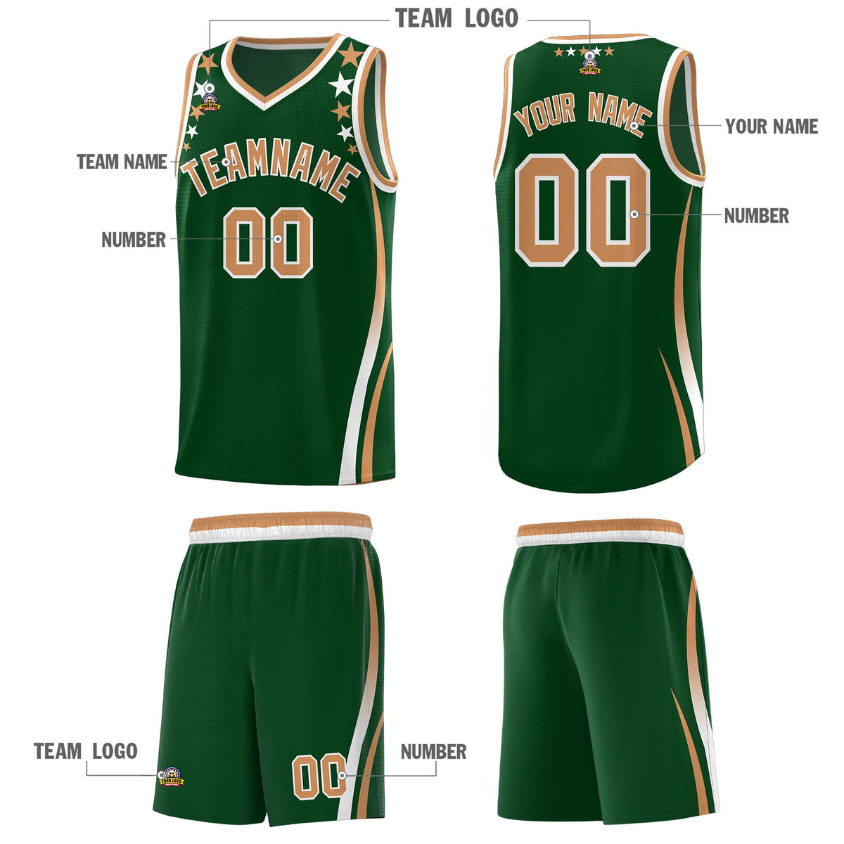 Custom Green Shoulders Star Pattern Side Color Block Sports Uniform Basketball Jersey|KXKSHOP