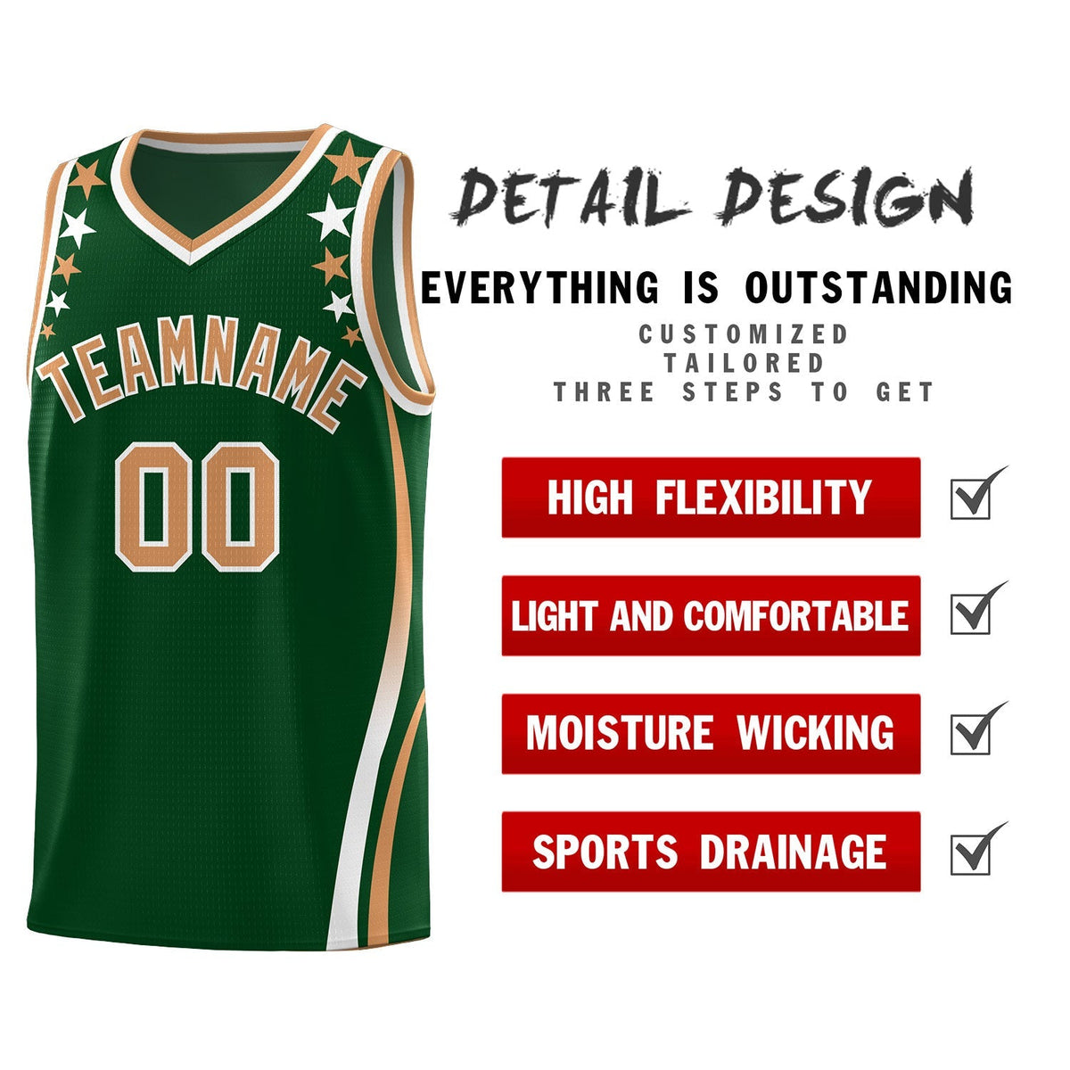 Custom Green Shoulders Star Pattern Side Color Block Sports Uniform Basketball Jersey|KXKSHOP