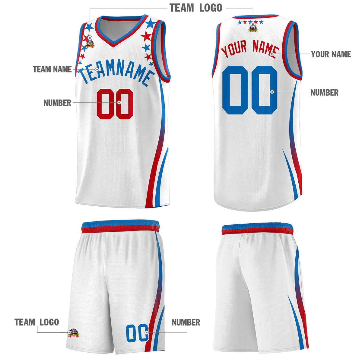 Custom White Shoulders Star Pattern Side Color Block Sports Uniform Basketball Jersey|KXKSHOP