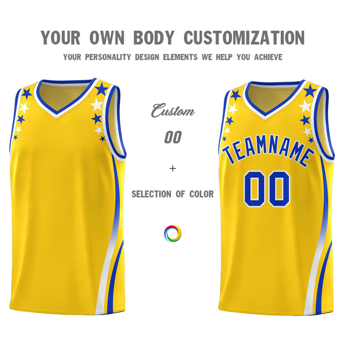Custom Gold Shoulders Star Pattern Side Color Block Sports Uniform Basketball Jersey|KXKSHOP