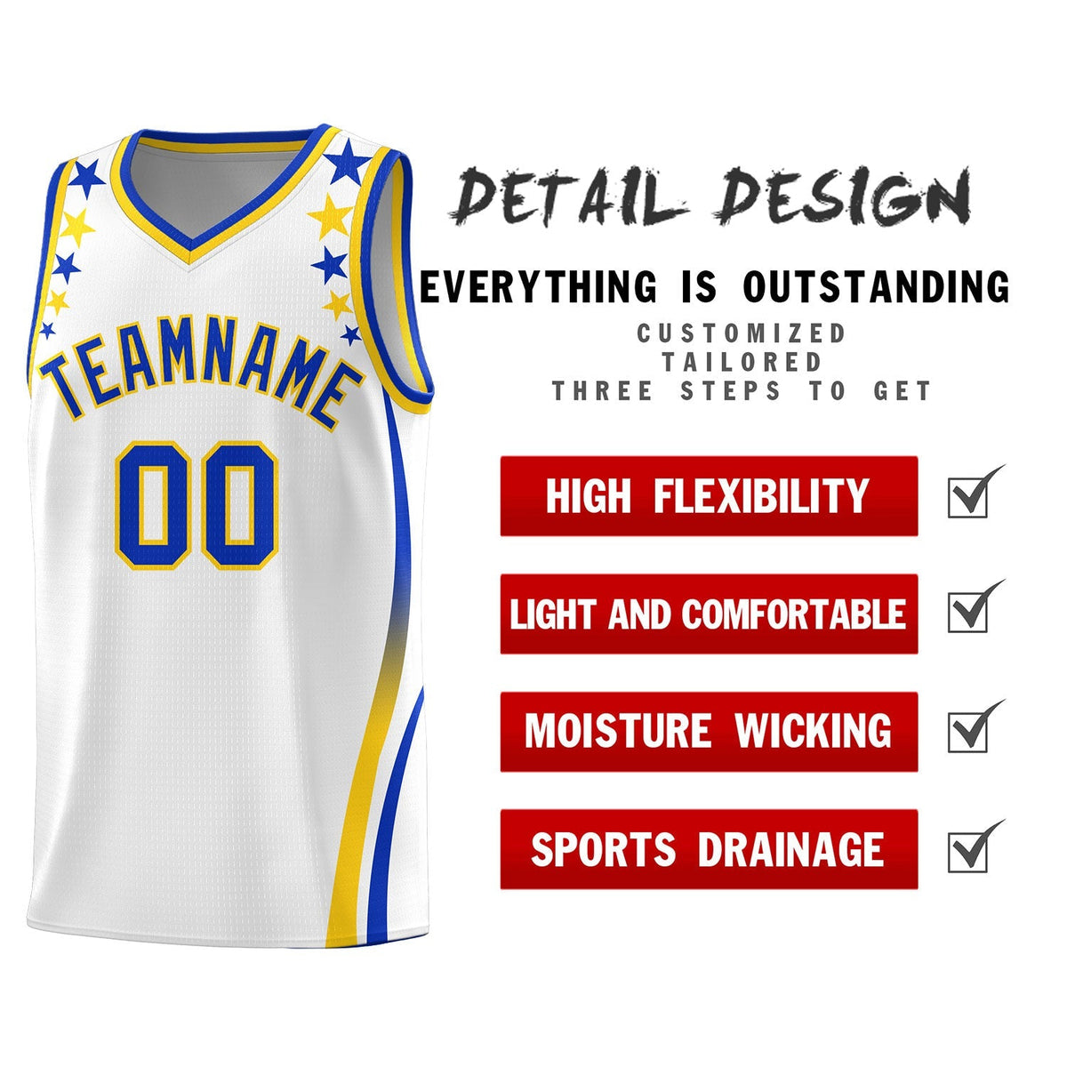 Custom White Shoulders Star Pattern Side Color Block Sports Uniform Basketball Jersey|KXKSHOP