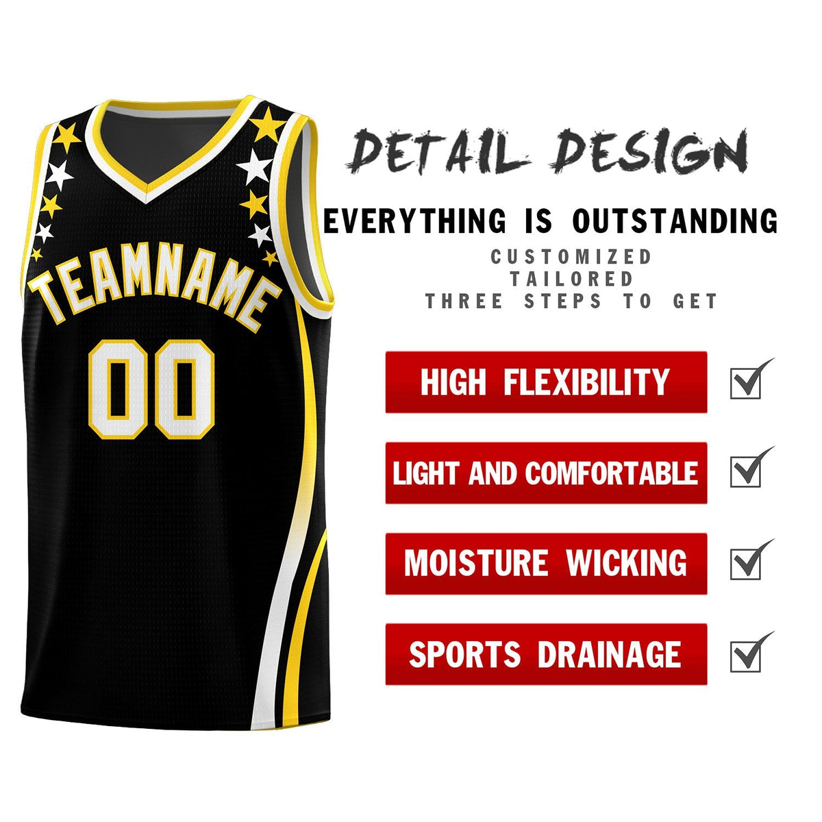 Custom Black Shoulders Star Pattern Side Color Block Sports Uniform Basketball Jersey|KXKSHOP