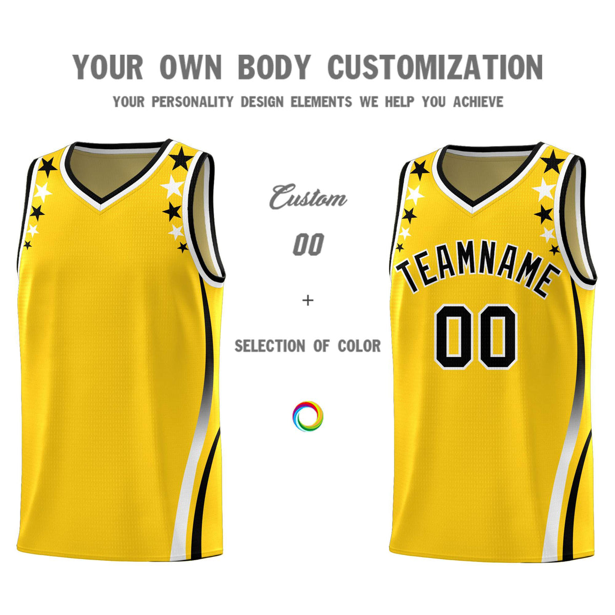 Custom Gold Shoulders Star Pattern Side Color Block Sports Uniform Basketball Jersey|KXKSHOP