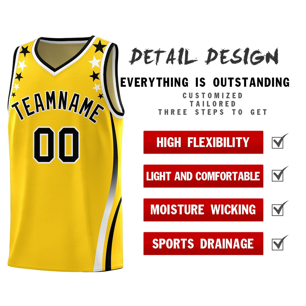 Custom Gold Shoulders Star Pattern Side Color Block Sports Uniform Basketball Jersey|KXKSHOP