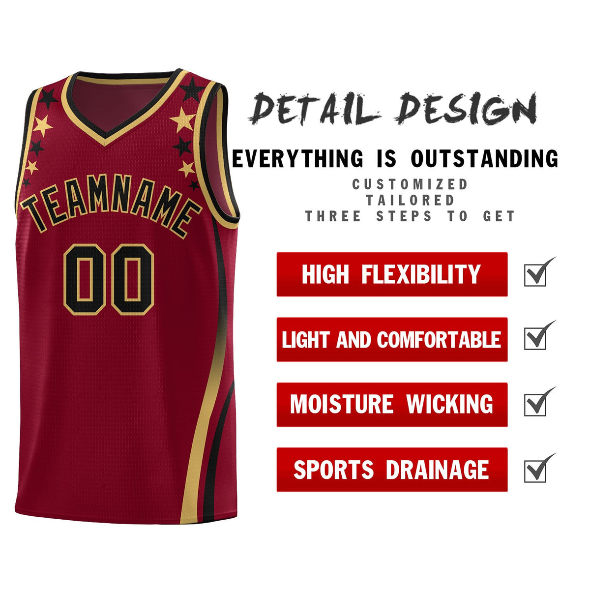 Custom Crimson Shoulders Star Pattern Side Color Block Sports Uniform Basketball Jersey|KXKSHOP