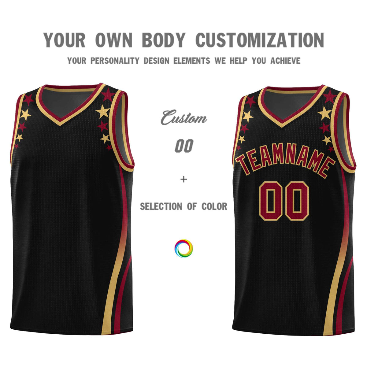 Custom Black Shoulders Star Pattern Side Color Block Sports Uniform Basketball Jersey|KXKSHOP