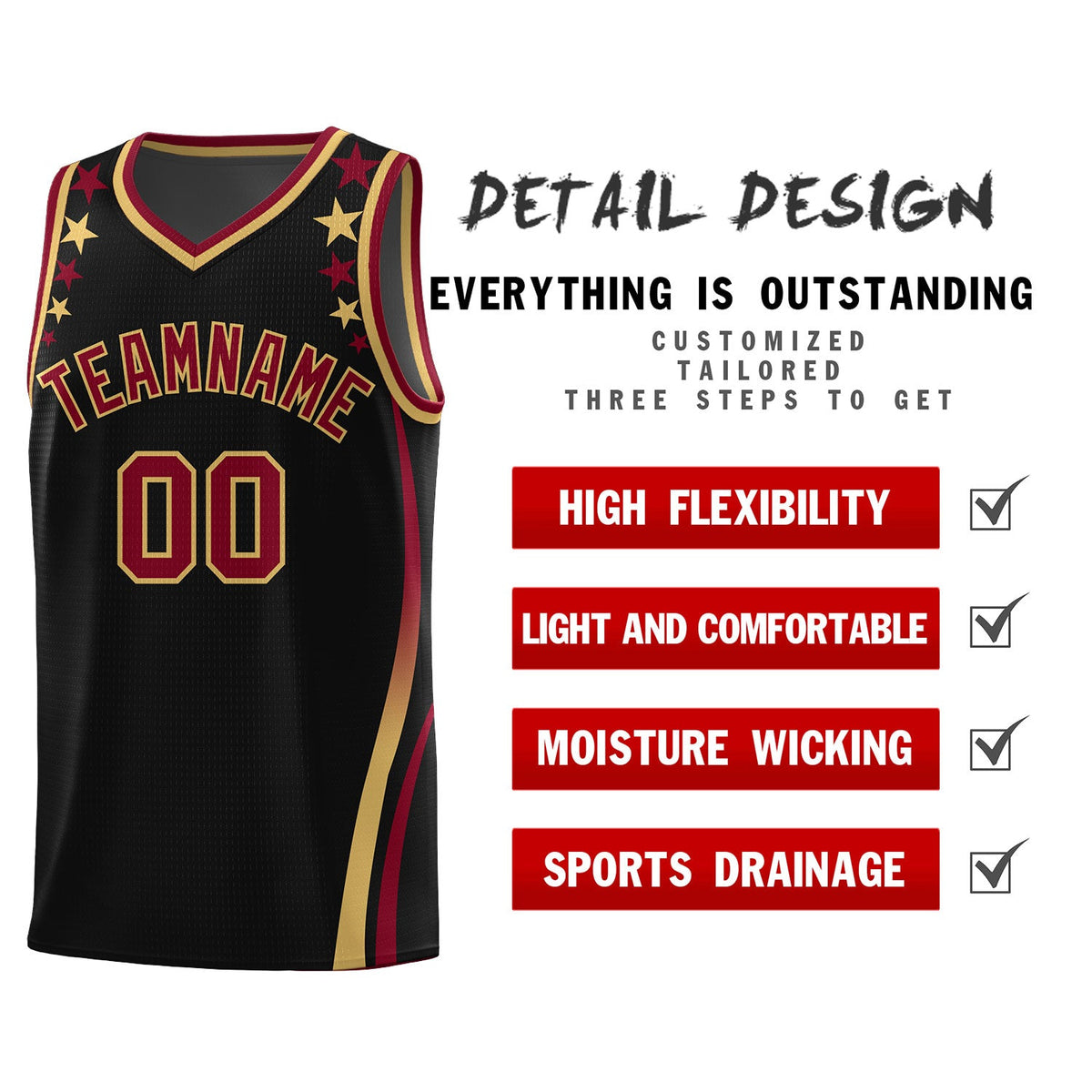Custom Black Shoulders Star Pattern Side Color Block Sports Uniform Basketball Jersey|KXKSHOP