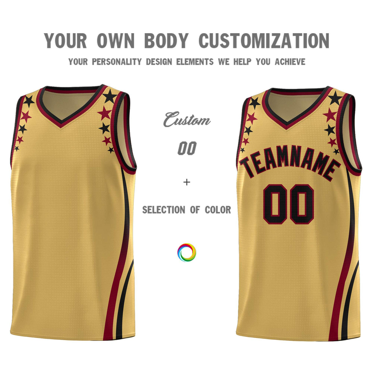 Custom Old Gold Shoulders Star Pattern Side Color Block Sports Uniform Basketball Jersey|KXKSHOP
