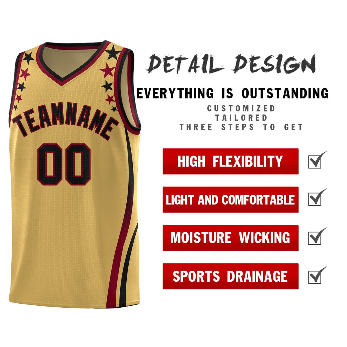 Custom Old Gold Shoulders Star Pattern Side Color Block Sports Uniform Basketball Jersey|KXKSHOP