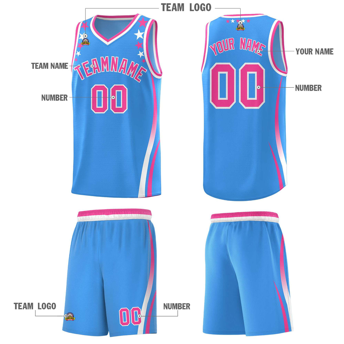 Custom Light Blue Shoulders Star Pattern Side Color Block Sports Uniform Basketball Jersey|KXKSHOP