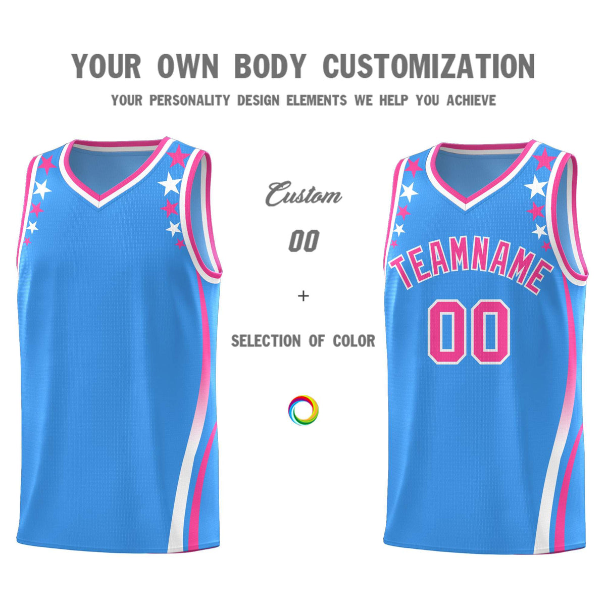 Custom Light Blue Shoulders Star Pattern Side Color Block Sports Uniform Basketball Jersey|KXKSHOP