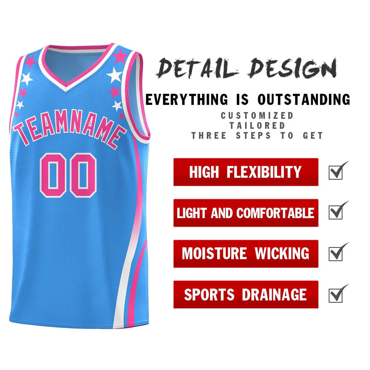 Custom Light Blue Shoulders Star Pattern Side Color Block Sports Uniform Basketball Jersey|KXKSHOP