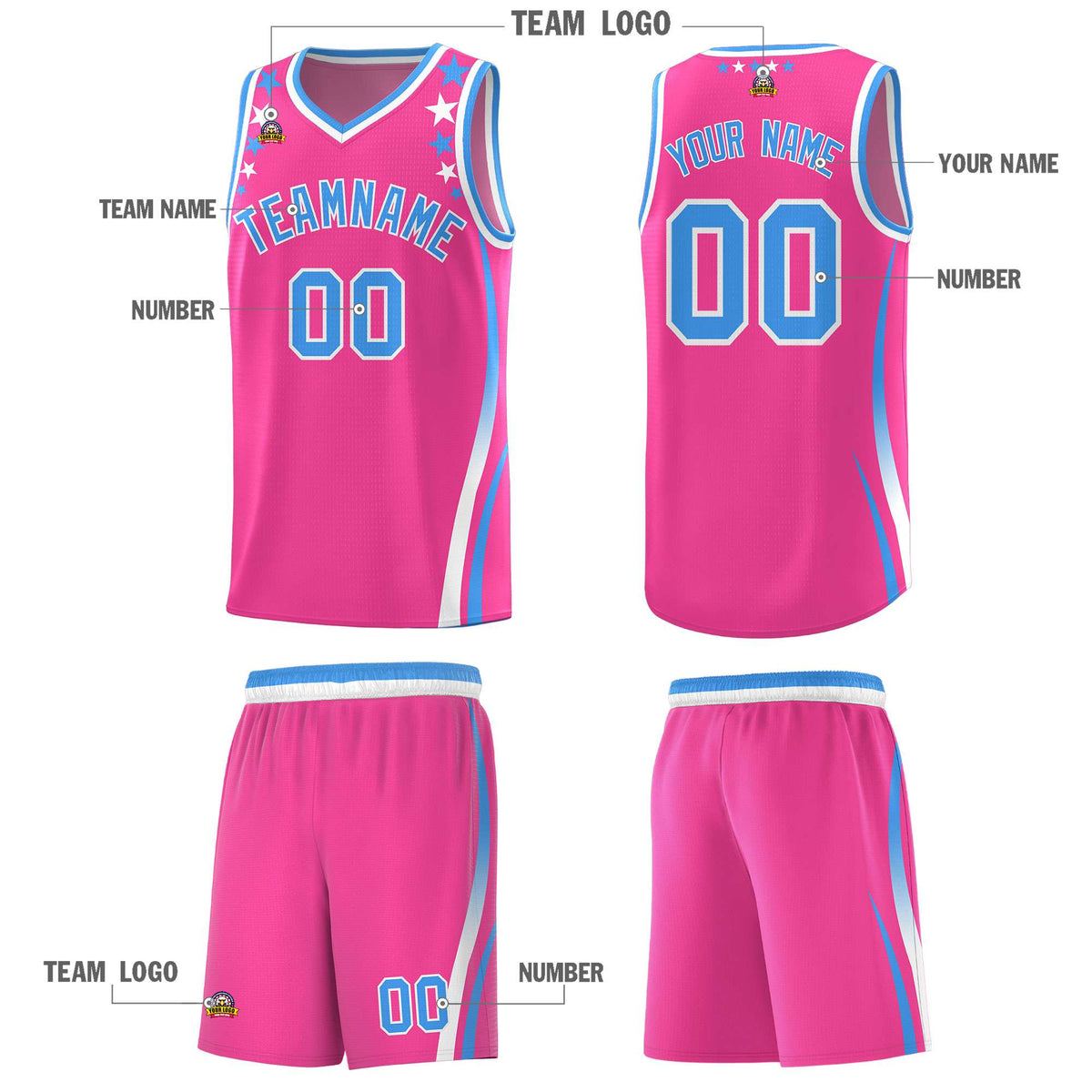 Custom Pink Shoulders Star Pattern Side Color Block Sports Uniform Basketball Jersey|KXKSHOP