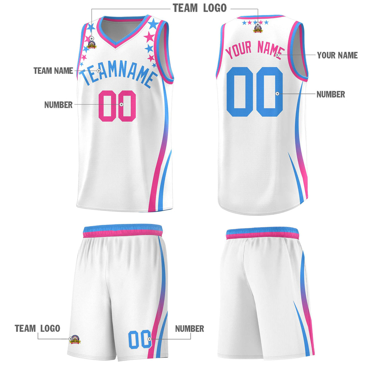 Custom White Shoulders Star Pattern Side Color Block Sports Uniform Basketball Jersey|KXKSHOP