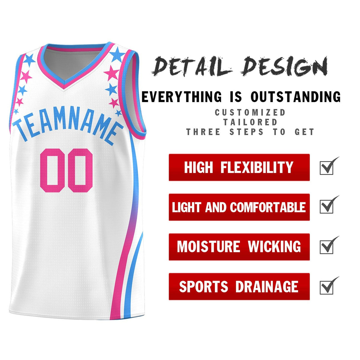 Custom White Shoulders Star Pattern Side Color Block Sports Uniform Basketball Jersey|KXKSHOP