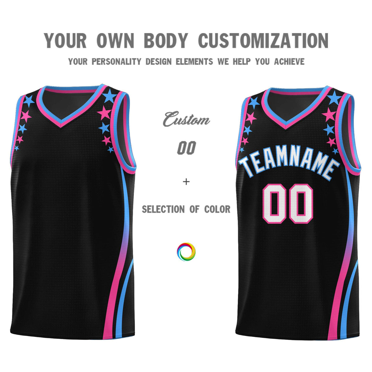 Custom Black Shoulders Star Pattern Side Color Block Sports Uniform Basketball Jersey|KXKSHOP