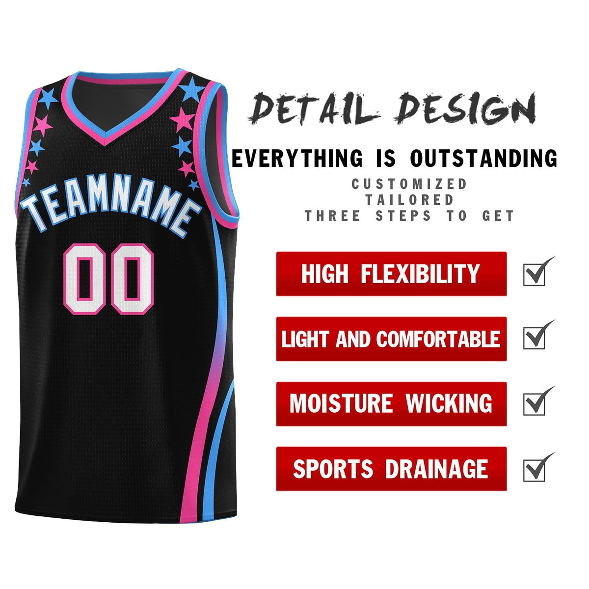 Custom Black Shoulders Star Pattern Side Color Block Sports Uniform Basketball Jersey|KXKSHOP