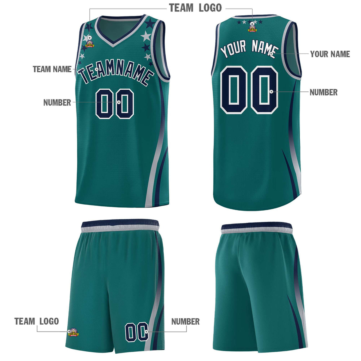 Custom Aqua Shoulders Star Pattern Side Color Block Sports Uniform Basketball Jersey|KXKSHOP