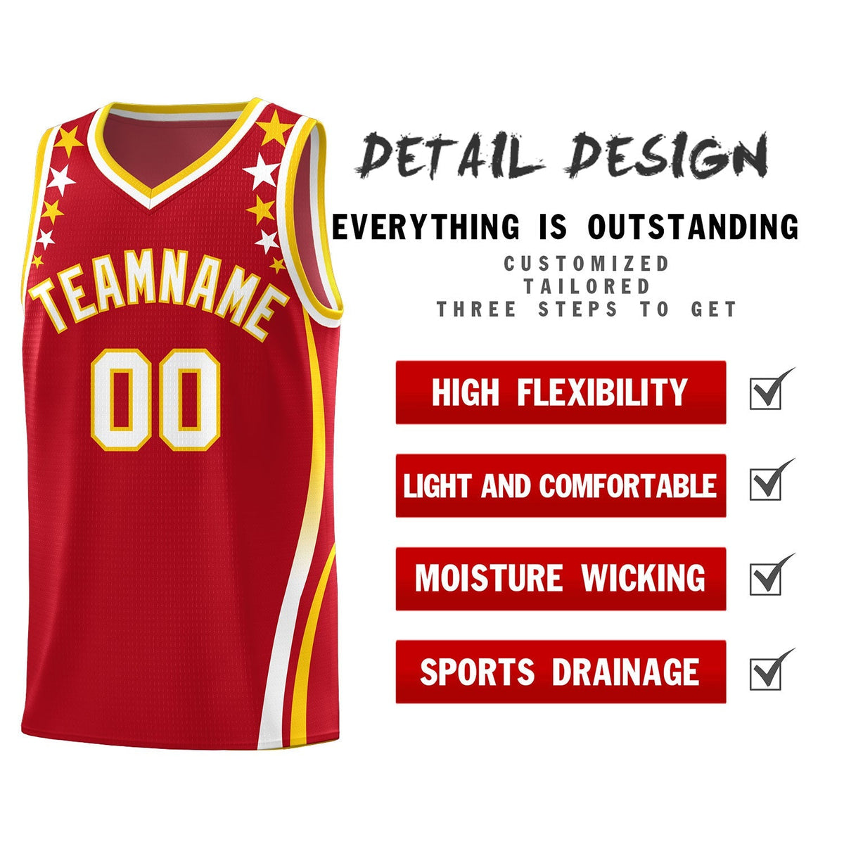 Custom Red Shoulders Star Pattern Side Color Block Sports Uniform Basketball Jersey|KXKSHOP
