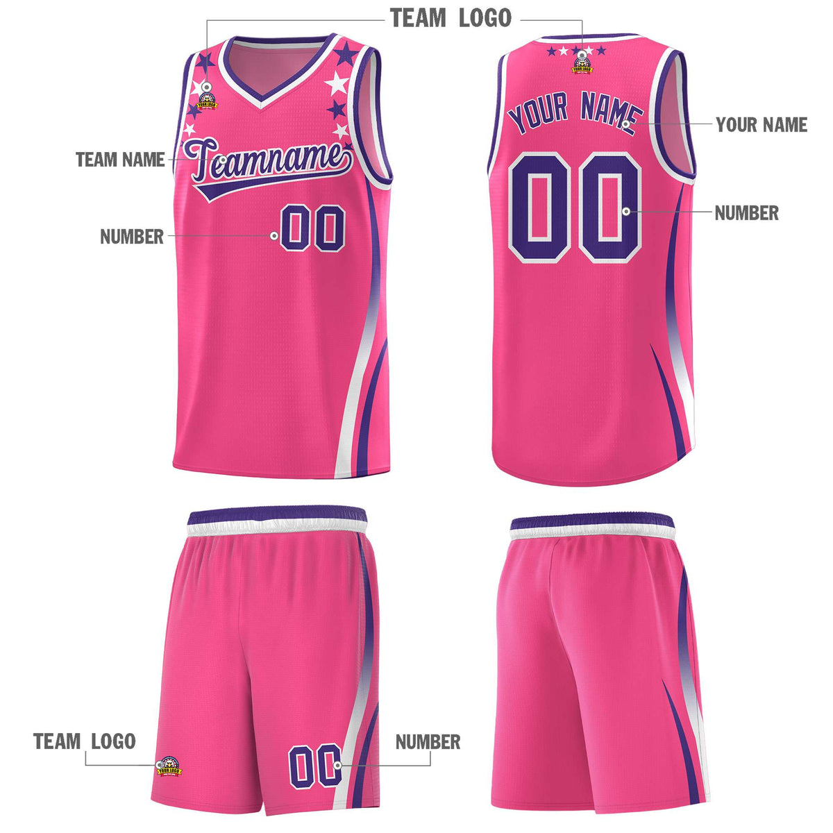 Custom Pink Shoulders Star Pattern Side Color Block Sports Uniform Basketball Jersey|KXKSHOP