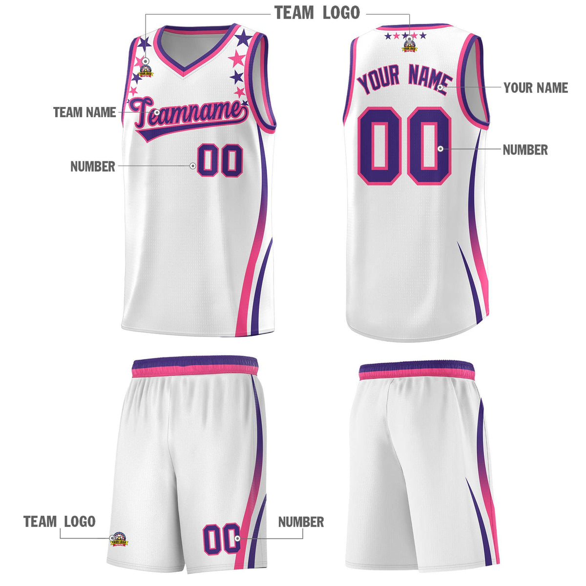 Custom White Shoulders Star Pattern Side Color Block Sports Uniform Basketball Jersey|KXKSHOP