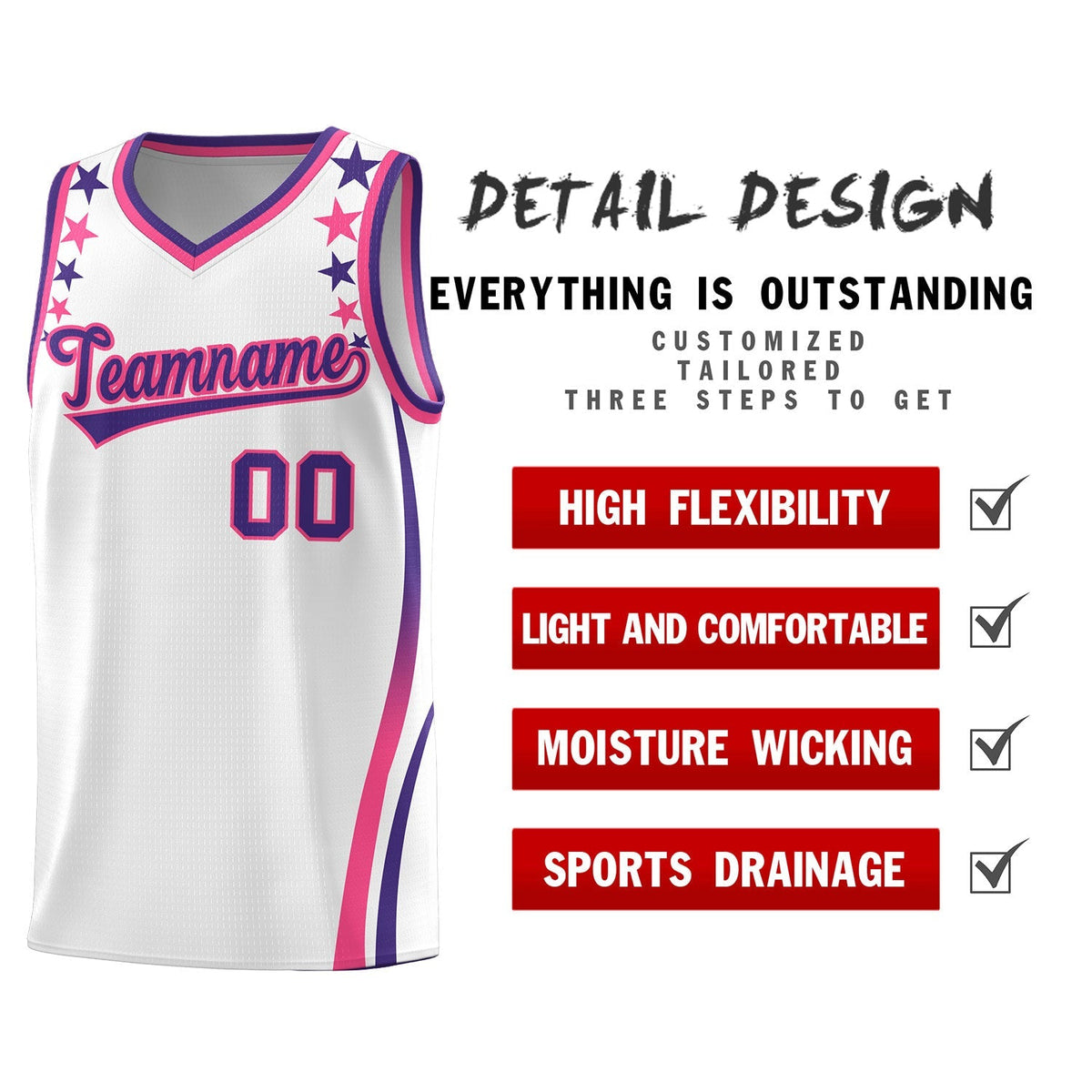 Custom White Shoulders Star Pattern Side Color Block Sports Uniform Basketball Jersey|KXKSHOP
