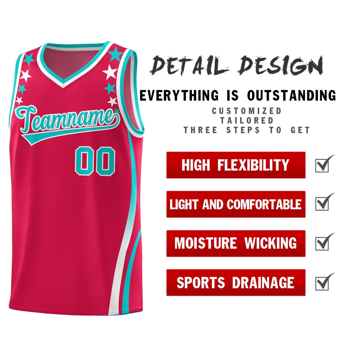 Custom Red Shoulders Star Pattern Side Color Block Sports Uniform Basketball Jersey|KXKSHOP