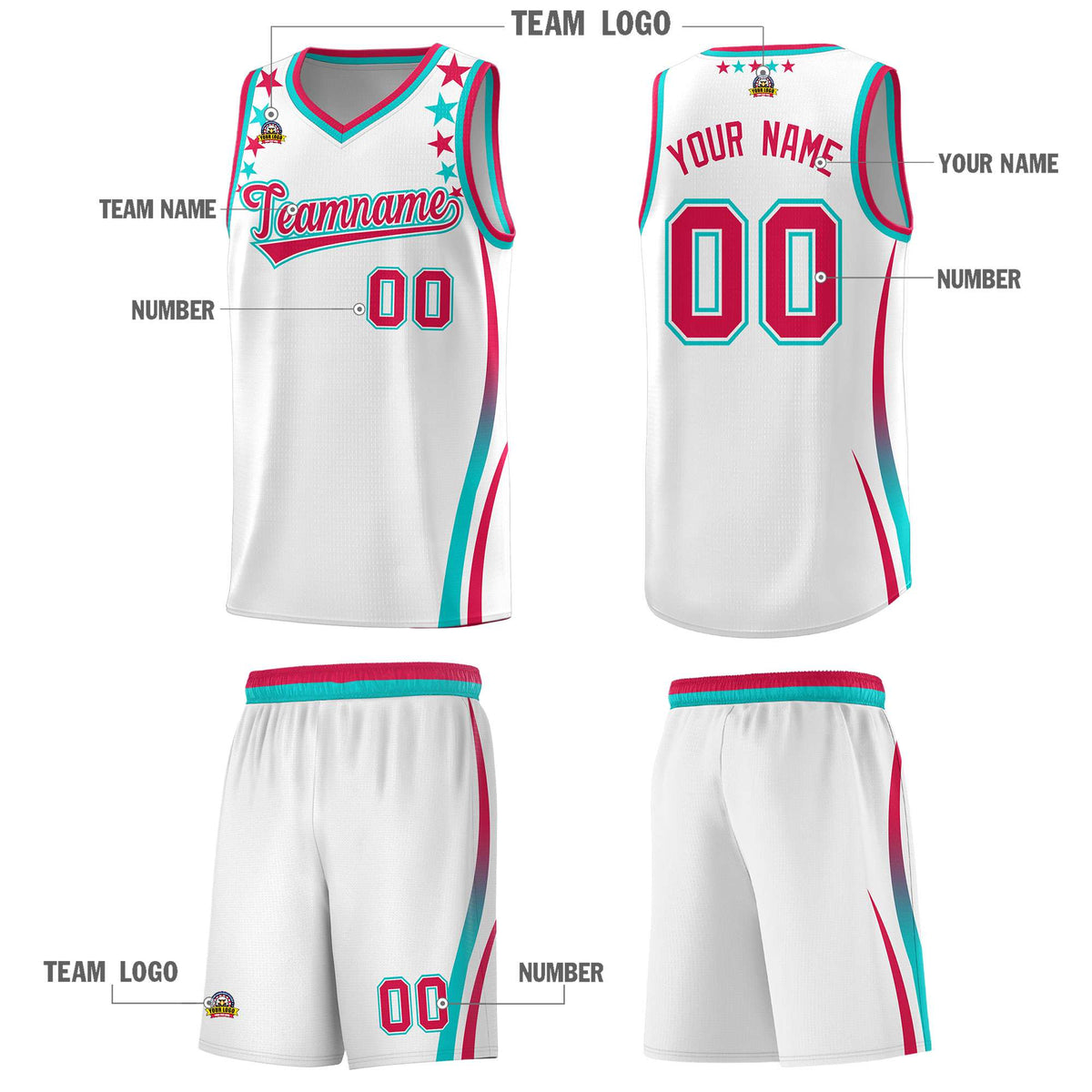 Custom White Shoulders Star Pattern Side Color Block Sports Uniform Basketball Jersey|KXKSHOP