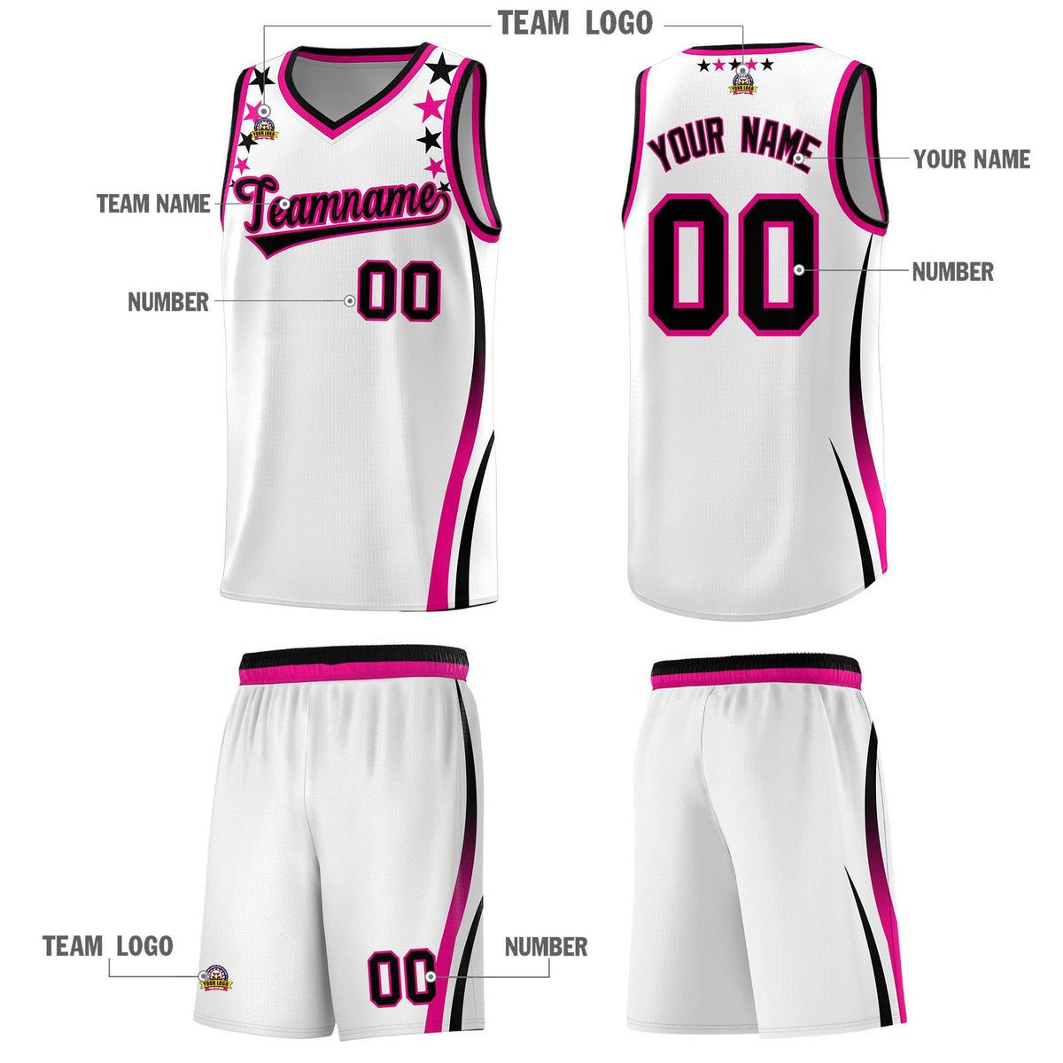 Custom White Shoulders Star Pattern Side Color Block Sports Uniform Basketball Jersey|KXKSHOP