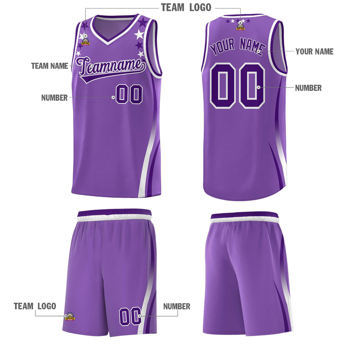 Custom Light Purple Shoulders Star Pattern Side Color Block Sports Uniform Basketball Jersey|KXKSHOP