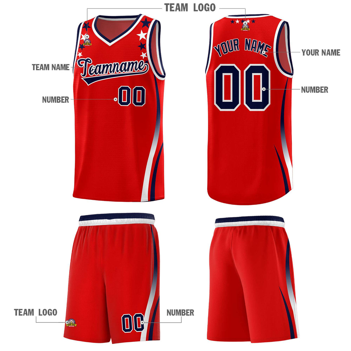 Custom Red Shoulders Star Pattern Side Color Block Sports Uniform Basketball Jersey|KXKSHOP