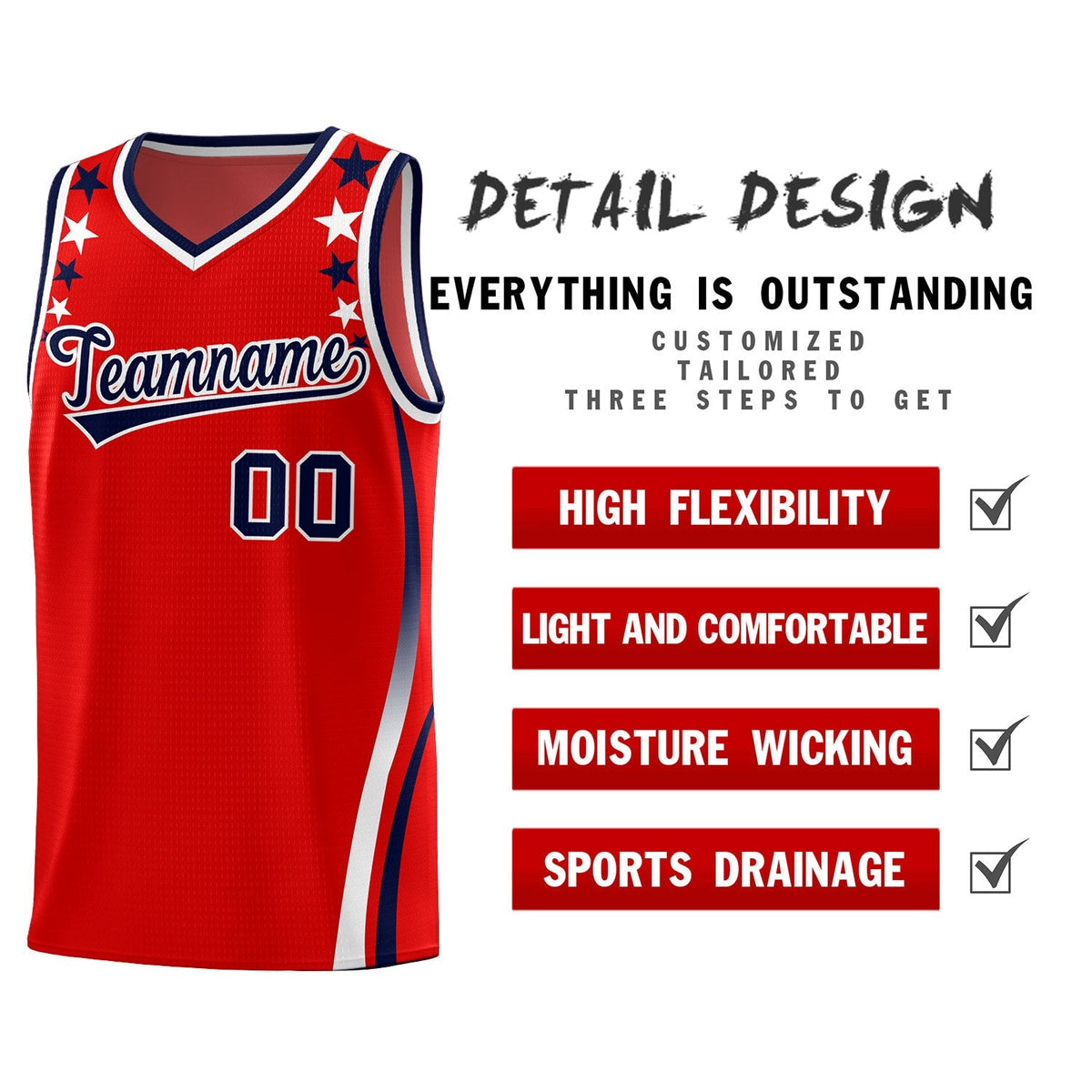 Custom Red Shoulders Star Pattern Side Color Block Sports Uniform Basketball Jersey|KXKSHOP