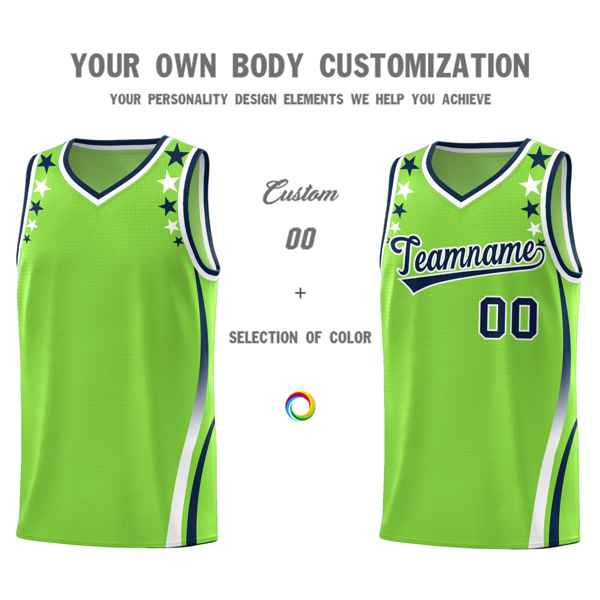 Custom Neon Green Shoulders Star Pattern Side Color Block Sports Uniform Basketball Jersey|KXKSHOP