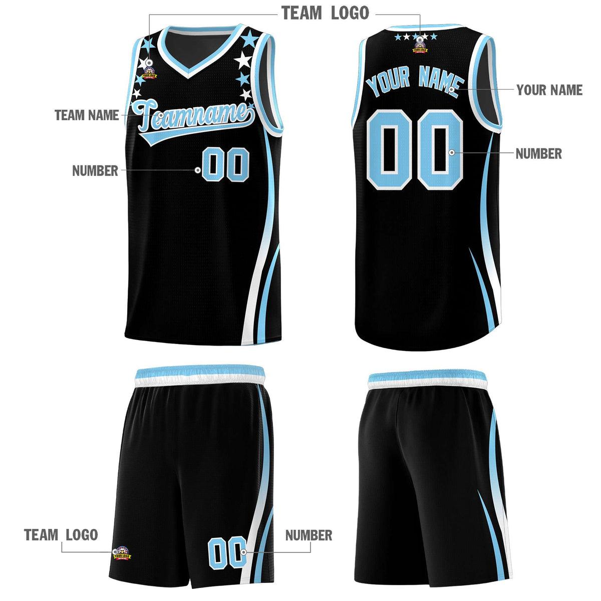Custom Black Shoulders Star Pattern Side Color Block Sports Uniform Basketball Jersey|KXKSHOP