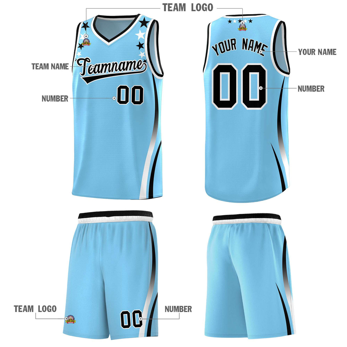 Custom Light Blue Shoulders Star Pattern Side Color Block Sports Uniform Basketball Jersey|KXKSHOP