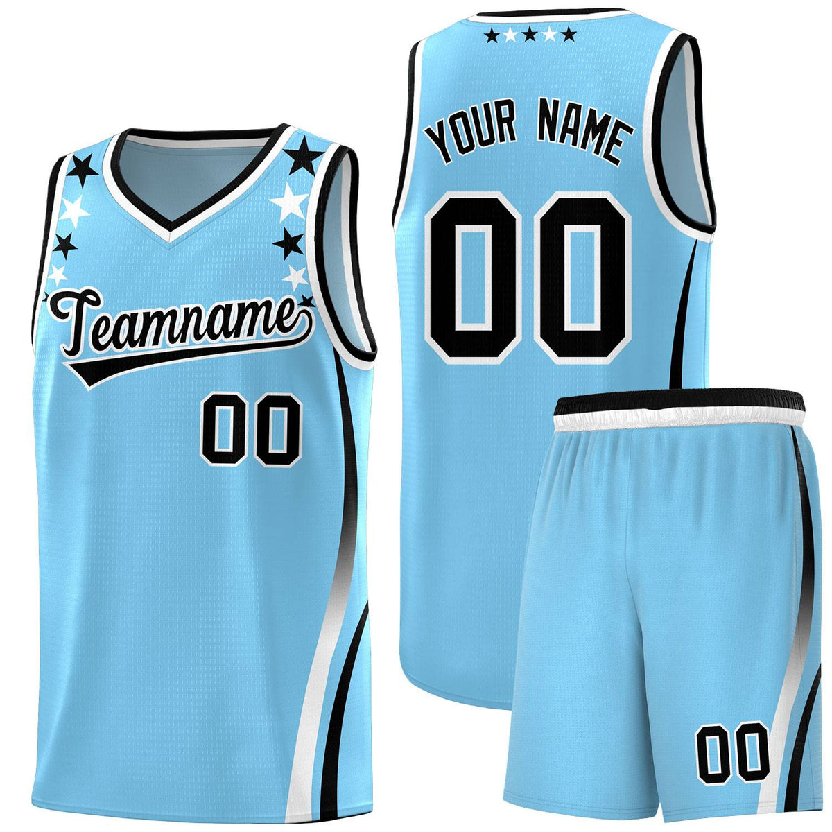 Custom Light Blue Shoulders Star Pattern Side Color Block Sports Uniform Basketball Jersey|KXKSHOP