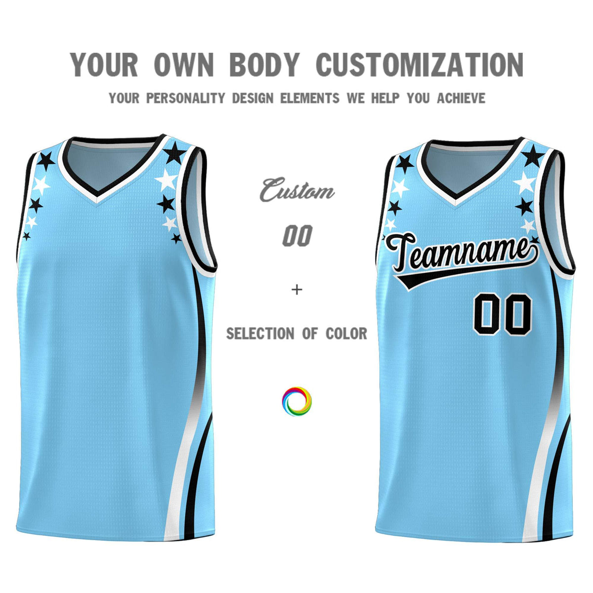 Custom Light Blue Shoulders Star Pattern Side Color Block Sports Uniform Basketball Jersey|KXKSHOP