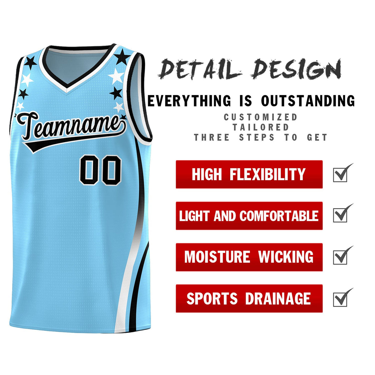 Custom Light Blue Shoulders Star Pattern Side Color Block Sports Uniform Basketball Jersey|KXKSHOP