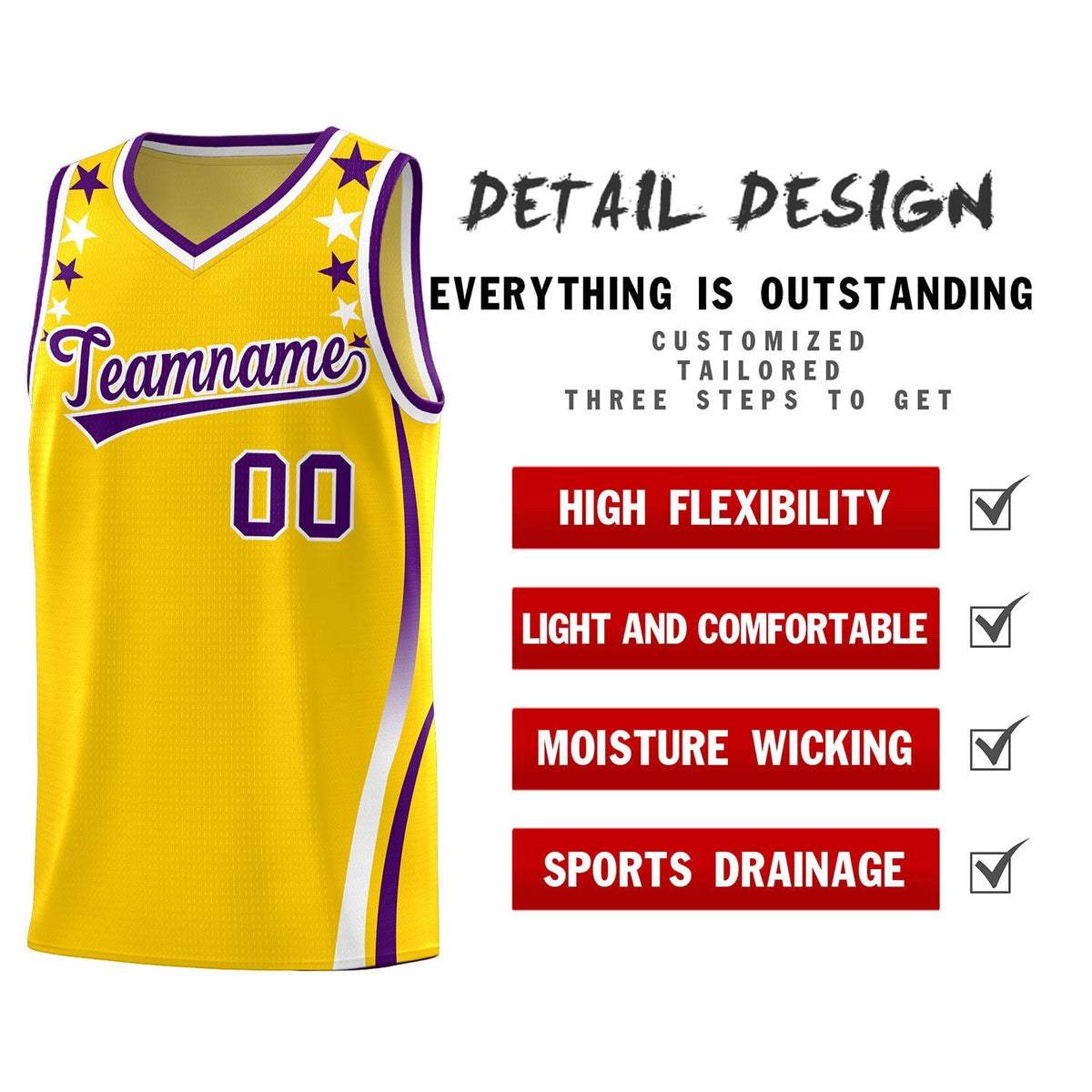 Custom Gold Shoulders Star Pattern Side Color Block Sports Uniform Basketball Jersey|KXKSHOP