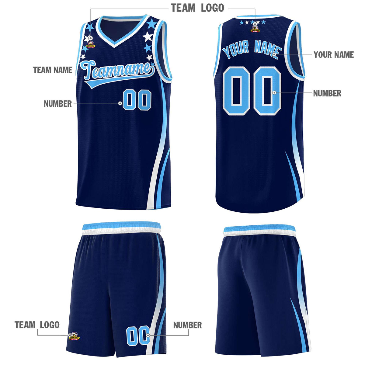 Custom Navy Shoulders Star Pattern Side Color Block Sports Uniform Basketball Jersey|KXKSHOP